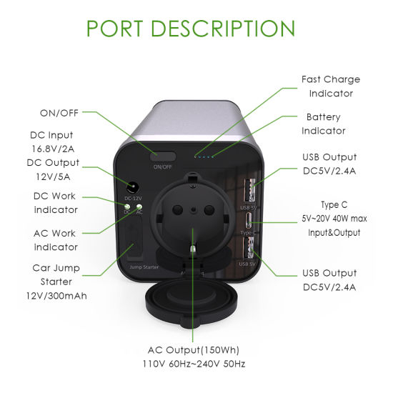 Mini centrale électrique 150W pour le camping Banque de puissance de sortie AC 220V 110V